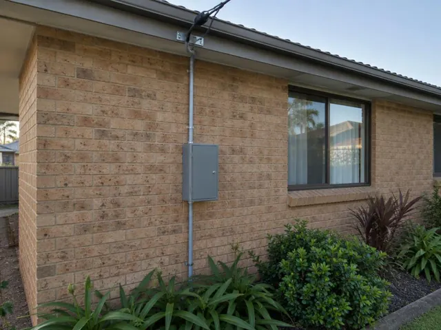 Brick house exterior with overhead service cable and point-of-attachment bracket above a meter box in Budgewoi